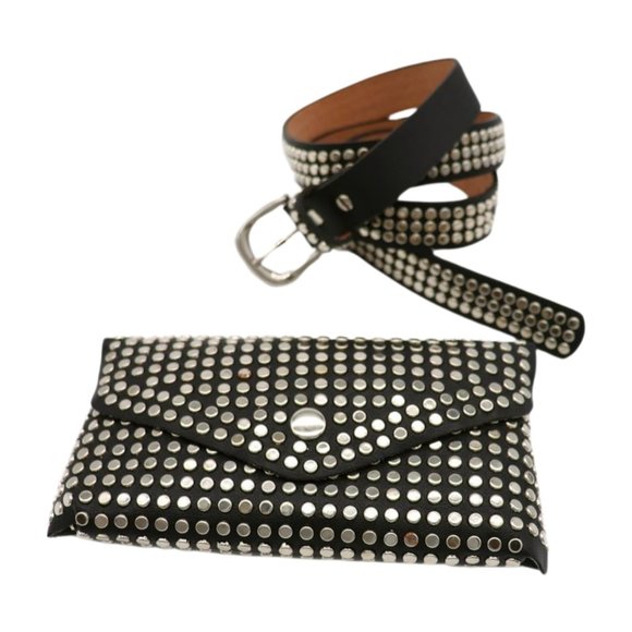 Women Black Faux Leather Skinny Belt + Wallet Bag Silver Studs Size S M z037 main image 13